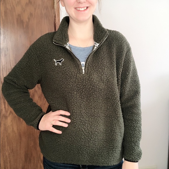 PINK Victoria's Secret Tops - Pink | Olive Green Sherpa Half Zip Sweater Medium